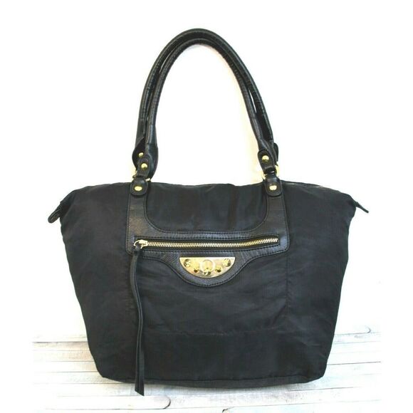 LARGE SAM EDELMAN BLACK NYLON VEGAN LEATHER HOBO TOTE SHOULDER BAG BOHO HANDBAG - Picture 1 of 10